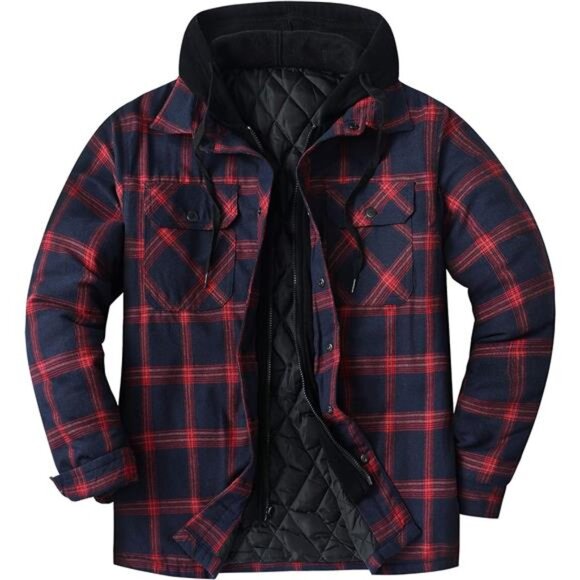 Men's Thicken Plaid Hooded Flannel Shirt Jacket Dark Red - Picture 1 of 1